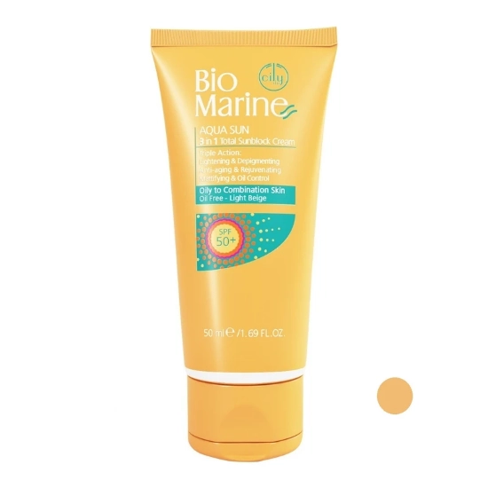 تصویر  کرم ضد آفتاب SPF50 روشن کننده و ضد چروک بایومارین پوست چرب و مختلط - بژ روشن